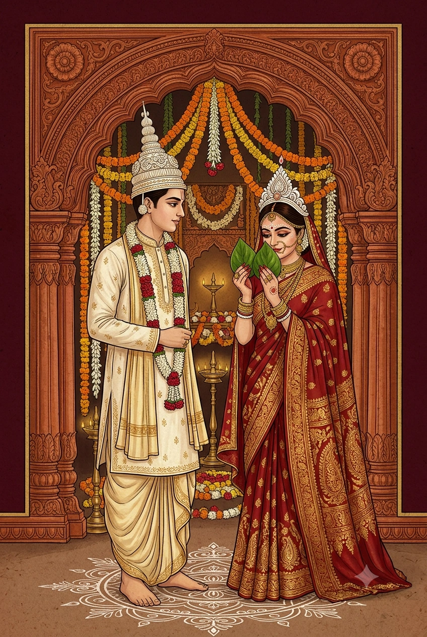 টেরাকোটার খিলানের নীচে শুভদৃষ্টির মুহূর্তে বাঙালি বর ও কনে